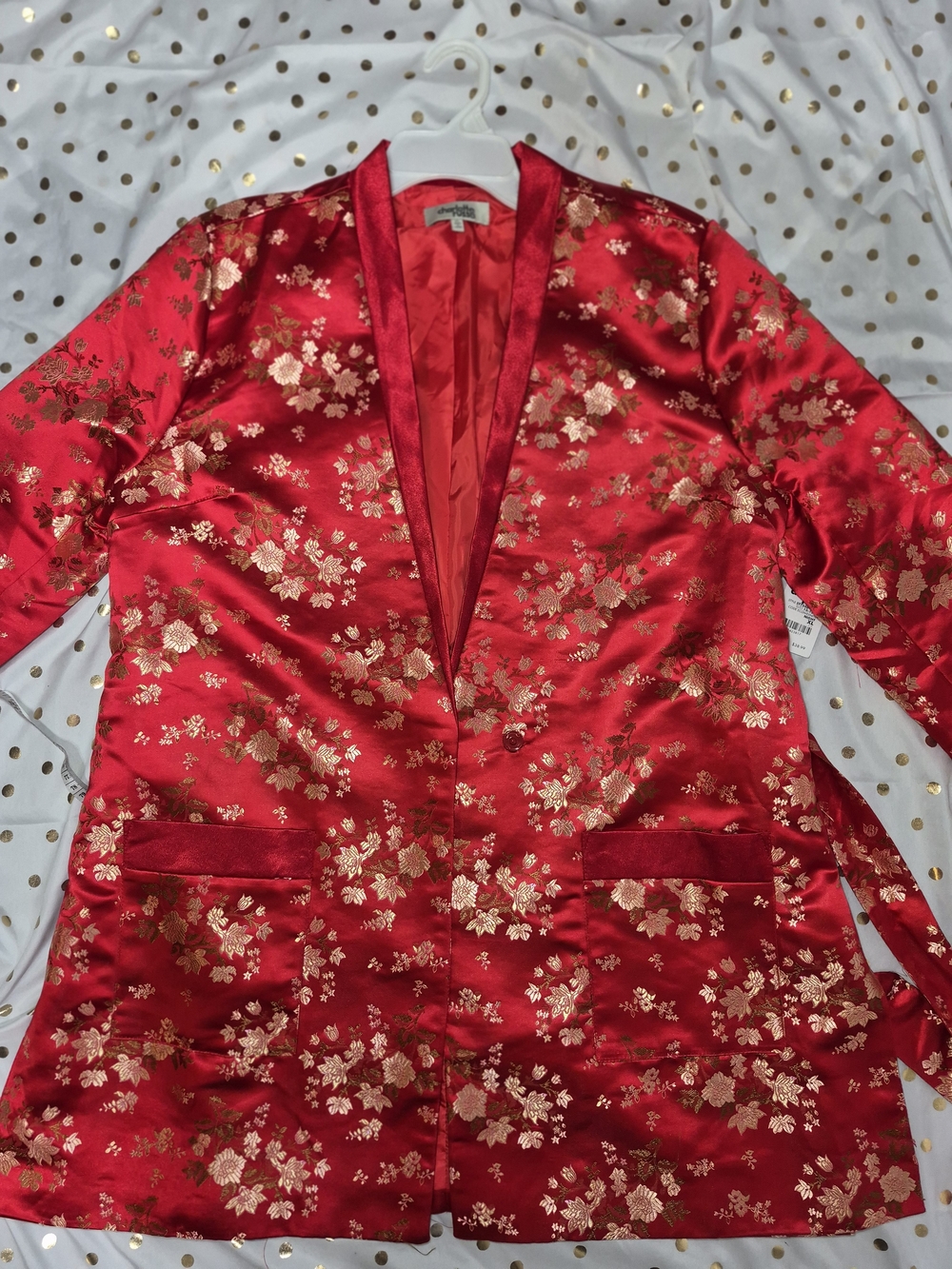Charlotte Russe Red Satin Blazer Jacket with Gold Floral Print.